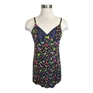 Betsey Johnson Intimates Nightie Babydoll Chemise Black Neon Butterfly Lace Sz M